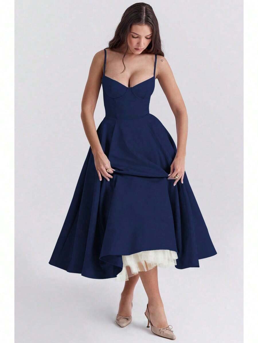 Women's Elegant Double Layered Flowy Dress, Classic Full Skirt A Line Swing Midi Gown, Lightweight Premium Casual Formal Dress, Modest Chic Party Wedding Guest Bridal Shower Evening Daily Outfit S-2XL - 藏蓝色 - 查看 1
