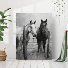 Póster plano 2D, 1 pieza, de caballo vintage en blanco y - Arte de pared de dos caballos con cerca, apto para interior/exterior, pintura duradera en lienzo sin marco para decoración de cafetería, oficina - Cuadro minimalista de caballo, regalo para amantes de los caballos, decoración de habitación - Enmarcado - Ver 2