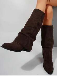 Suede Knee-High Boots For Autumn/Winter, French Style With Chunky Heel And Pointed Toe. Ref 9002 - 咖啡棕 - 查看 15