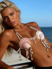 Sujetador tipo braguita de conchas para mujer, diseño de cadena de perlas, cuello halter, lencería babydoll atrevida. - Blanco - Ver 2
