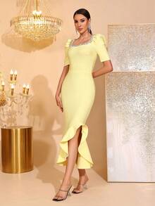 New Arrival Women's Black Sexy Handmade Pearl Ruffle Tie-Up Dress, Formal Gown For Wedding, Party, Banquet - Yellow - View 5