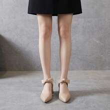 Elegantes zapatillas de mujer con tacón bajito y punta puntiaguda sofisticados tacones con moño decorativo de material PU suave cómodos zapatos para mujer para oficina calzado elegante de tacón grueso cuadrado transpirable y antideslizante versátil para diario zapatillas de tacon elegantes con lazo - Albaricoque - Ver 3