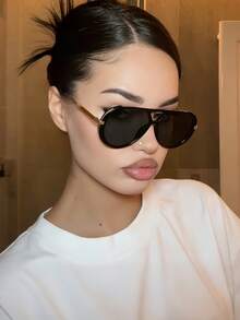 1副复古简约大框时尚眼镜，男女皆宜，街头风，适合户外、派对等场合，独特的椭圆形时尚装饰眼镜，女士时尚单品，适合夏季海滩度假、户外活动和旅行。 - 黑灰 - 查看 2