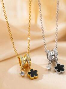 Dây chuyền hình cỏ bốn lá may mắn bằng thép không gỉ, đính đầy đá quý. - Nhiều màu - Xem 2