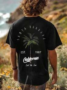 Coastal | New Men's Summer T-Shirt With Coconut Tree And Letter Print, Short Sleeve, Crew Neck, Casual Holiday Wear, 100% Cotton - 黑色 - 查看 3
