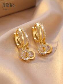 Hihho 1 Pair Zirconia Encrusted Double Hoop Earrings, Charming & Versatile Luxury Earrings For Women - Round - View 3