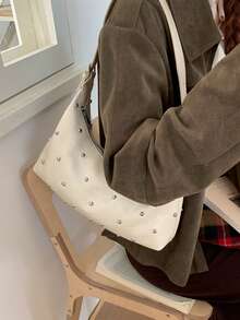 BEIKAMU Fashion Rivet Decor PU Crossbody Bag, Adjustable Shoulder Strap Zipper Closure Versatile Shoulder Bag Satchel, Suitable For University, Commuting, Shopping, Strolling, Daily Use - Beige - View 4