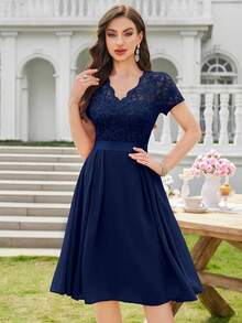 MIUSOL Elegant V-Neck Floral Lace Pleated Hem Chiffon Swing Dress, Suitable For Wedding Guests, Prom, Graduation Ceremony Summer - Navy Blue - View 9