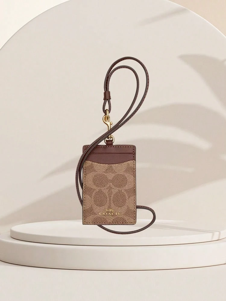 COACH Women's Lanyard Card Holder, Elegant Multi-Color ID Card Case, New Fashion Girlfriend Gift, Classic Print - Brown - View 1