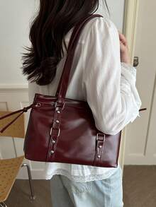 1 chiếc túi tote cỡ lớn kiểu cổ điển, túi đeo vai ngoại cỡ dành cho người đi làm, túi xách nữ màu đỏ rượu vang thời trang kiểu xe máy, chất liệu da PU phủ sáp dầu màu trơn, dây đeo trang trí, khóa kéo, màu đỏ tía, túi đeo vai nữ công sở ngoài trời, ba lô sinh viên, thích hợp cho chuyến đi ngắn ngày, kỳ nghỉ, quà tặng, ngày Valentine, quà lưu niệm, quà tặng cho bạn gái, quà sinh nhật, mua sắm, công tác, lựa chọn tốt nhất, phù hợp sử dụng hàng ngày. - Màu Đỏ Sâu - Xem 3