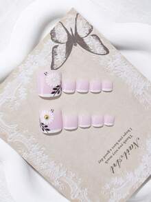 24pcs Short Square Daisy French Toe Nail Stickers, 3D Pearl Mini Daisy Fake Toenails With One Nail File And Gel, Suitable For Summer Beach, Energetic Girl Style Pedicure Set - Multicolor - View 4