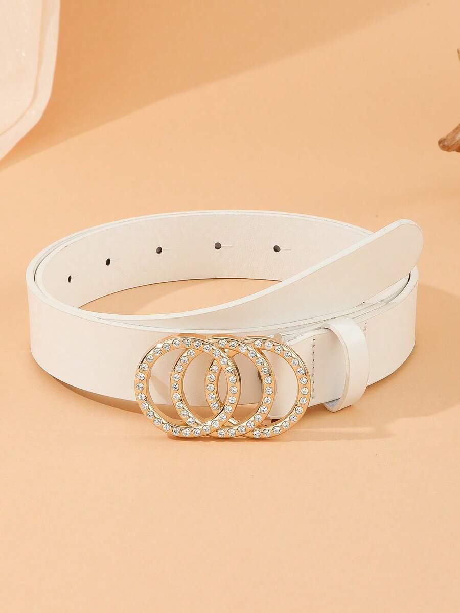 Cinto de cintura com 3 argolas decorado com strass dourado, cinto casual e versátil para calças femininas, Pu. - branco - Ver 1