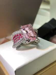 Nhẫn vuông bốn chấu cổ điển màu xanh lá cây đính đá zirconia tổng hợp, thiết kế mở có thể điều chỉnh, quà tặng trang sức dành cho phụ nữ. - trắng - Xem 5