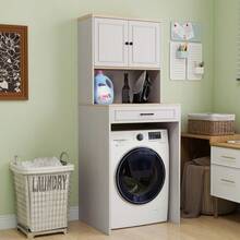 Over The Washer Dryer And Robot Vacuum Storage Cabinet Suitable For Compact Washing Machines Laundry Room Storage Organizer With 1 Door A Adjustable Shelf And A Fake Drawer Design-Antique White - 仿古白 + 中密度纖維板1 - 查看 1