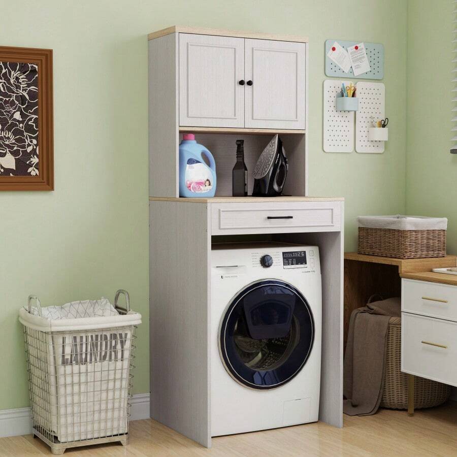 Over The Washer Dryer And Robot Vacuum Storage Cabinet Suitable For Compact Washing Machines Laundry Room Storage Organizer With 1 Door A Adjustable Shelf And A Fake Drawer Design-Antique White - 仿古白 + 中密度纖維板1 - 查看 1