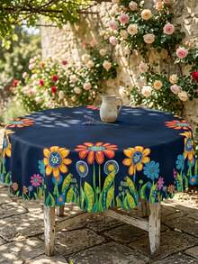 1pc Bohemian Floral Print Navy Blue Tablecloth, Waterproof Stain Resistant Polyester Wide Table Cover, Colorful Folk Flower Pattern Tablecloth For Dining Kitchen Patio Party Home Decor - Multicolor - View 6