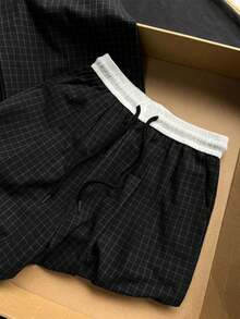 SAOYANGYU Women's Casual Plaid Print Contrast Color Drawstring Waist Loose Wide Leg Pants, Suitable For Summer Daily Commute Spring Black ,Petite Women - Black - View 2