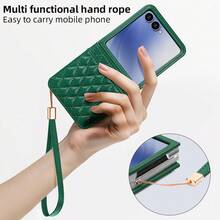 VIETAO Funda protectora de cuero para teléfono móvil compatible con Samsung Galaxy Z Flip 4 5 6 7, con correa de mano, ranura para tarjetas y diseño de patrón de argyle - Verde - Ver 7
