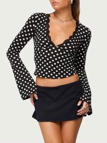 Women's Slim Fit Crop Tops Fashionable Dot Print Long Sleeve V Neck Blouse For Casual Daily Wear - 黑色 - 查看 2