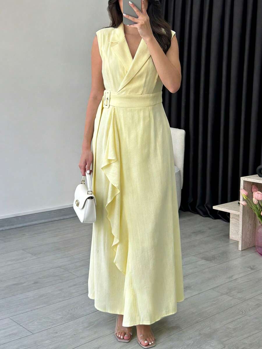 女士优雅V领无袖荷叶边下摆连衣裙，适合夏季日常休闲和通勤 - 淡黃色 - 查看 1
