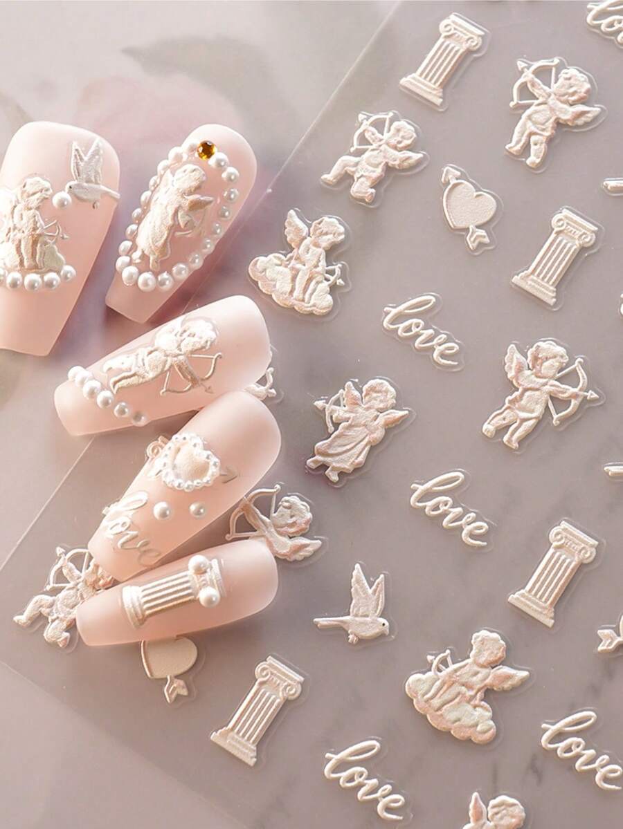 1 pieza Pegatinas de arte de uñas del Dios del Amor, color rosa 5D en relieve autoadhesivas para decoración de uñas DIY - Suministros y adornos para uñas para niñas y mujeres - Uñas de primavera y verano para salón de uñas en casa - Multicolor - Ver 1