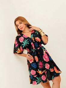 Short Dress/With Elasticated Waist/Half Sleeves/Princess Style/Printed/Women's Fashion/Summer - 129-Đen - Xem 4