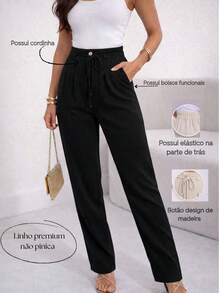Women's Linen And Cotton Trousers – High Waist, Loose Fit, And Drawstring - màu đen - Xem 3