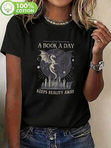 Fantasy Dragon City "Daily Good Book" Pattern Short Sleeve T-Shirt - Vintage Style, Dedicated To Book Lovers | Women's Pure Cotton T-Shirt - Black - View 6