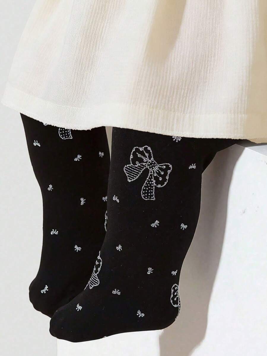 1双女婴公主蝴蝶结印花透气舒适连裤袜,适合日常生活或派对场合 - 彩色 - 查看 1