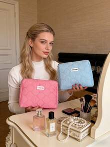 3件套粉色绗缝化妆包，少女感格子绒面手提包，大容量学生洗漱包，柔软蓬松手拿包，通勤化妆包，布艺包，可爱奶油云朵格子化妆包，旅行包 - 彩色 - 查看 6