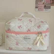 Cute Pink Bow Pattern Quilted Cosmetic Bag Set, Multi-Size Makeup Organizer Pouch, Soft Fabric Travel Storage Bag - Pink - View 3