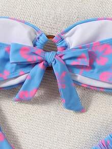Women's Fashionable Sexy Beach Vacation Floral Print Ruched Bust Decor Bandeau Bikini Set - Multicolor - View 6