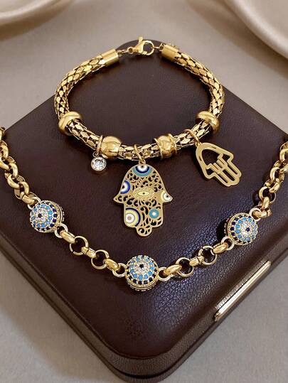 Conjunto de pulsera con colgantes de ojo malvado y mano de Fátima chapada en oro de 18K, de acero inoxidable vintage, para mujeres y señoras, joyería bohemia de verano para la playa, regalo para mamá, para fiestas diarias, San Valentín, bodas, aniversarios, festivales de música, Navidad, citas, Día de Pascua