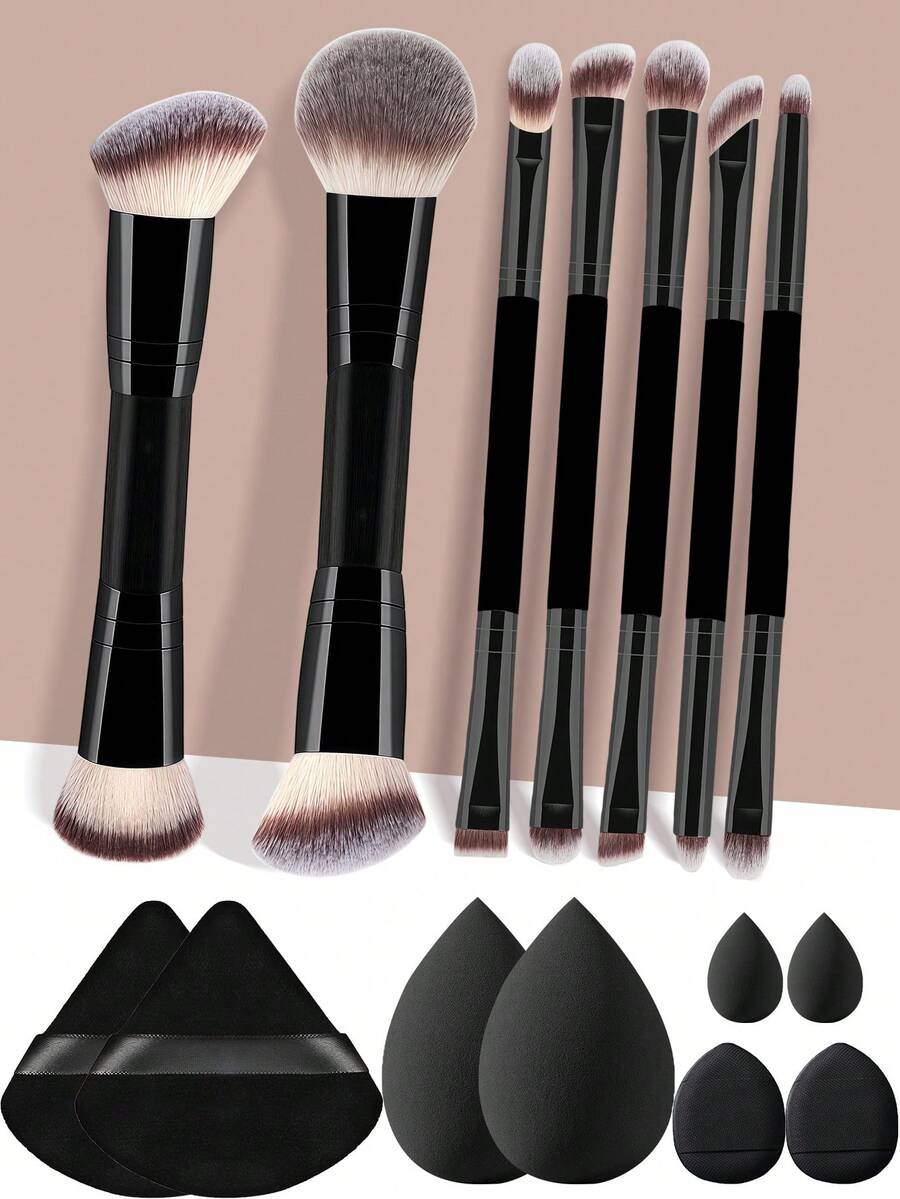 Bộ cọ trang điểm mềm mại và bông mút trang điểm YZIMENG, thích hợp cho trang điểm hàng ngày. - màu đen - Xem 1