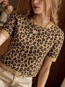 Suéter de cuello redondo de manga corta con estampado de leopardo para mujer, estilo casual clásico, adecuado para el uso diario, ropa de punto de otoño - Multicolor - Ver 2