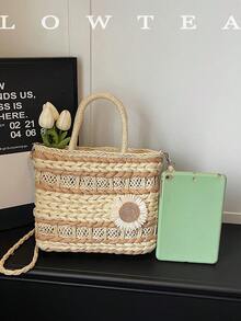 low tea 1 pièce Sac à main en tissu tressé blocs de couleurs basse théière, sac cabas seau de mode rétro pour femmes, design à double poignée supérieure, fermeture éclair, bandoulière réglable pour porter en travers, convient pour les voyages, les courses, les sorties, les cadeaux pour femmes, idéal pour les trajets, les activités extérieures, les voyages, la randonnée - Blanc - Voir 4