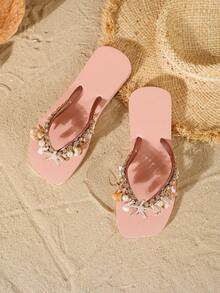 Evertop Surf Dây đeo trang trí bằng đá Rhinestone hình sao biển và vỏ sò tự nhiên thủ công, đế mềm chống trượt cho nữ, giày đi biển phong cách nữ thần mùa hè, thiết kế độc đáo, quai đeo có thể tháo rời cho nữ - Hồng - Xem 3