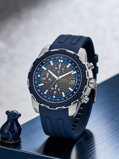Guess Men's Quartz Watch, Quartz Movement, Stainless Steel Case, Silicone Strap. Water Resistant To 50M, Suitable For Daily Wear And Sports. W1047G2