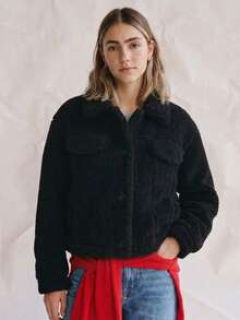 OUTTA BOX Party Chic Solid Color Faux Sherpa Women Long Sleeve Jacket, Winter - Black - View 3
