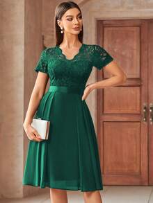 MIUSOL Elegant V-Neck Floral Lace Pleated Hem Chiffon Swing Dress, Suitable For Wedding Guest, Graduation Party, Events Summer - Dark Green - View 5