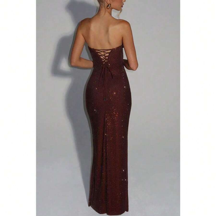 French Style Pure Desire, Light Luxury, High-End Women's Fashion, Socialite Style, Slim Fit, Sleeveless Sequined Long Evening Gown Dress - 酒紅色 - 查看 1