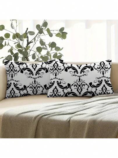 2件套欧式宫廷风格印花装饰枕套，涤纶单面印花，带拉链，可机洗，适用于各种房间类型，户外农舍风格门廊装饰设计，适用于花园露台装饰，四季皆宜（不含枕芯）