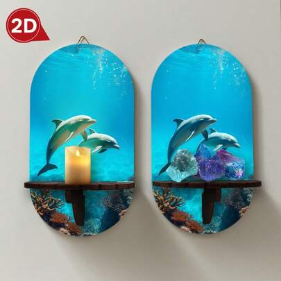 2D Pintura decorativa de alta definición impresa con delfín, coral y océano, estantería colgante, soporte para velas, perchero, estantería de almacenamiento multifuncional, adecuado para decoración de Halloween, Navidad, exhibición de piedras de cristal, estantería de pared de arte para sala de estar, dormitorio, comedor