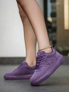 2026 Women's Sweet Style Pink Suede Sneakers With Star Decoration Lace-Up Thick Sole Comfortable Casual Shoes For Daily Wear Fashionable Girl - 紫色 - 查看 5