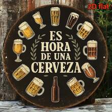 2D平面 1件 8x8英吋復古啤酒主題圓形裝飾牌，印有「Hora De Rveza」文字，適合鄉村風格，適用於酒吧、餐廳、居家酒窖、啤酒花園、派對和廚房，附預鑽孔（如尺寸表所示） - 多色 - 查看 6