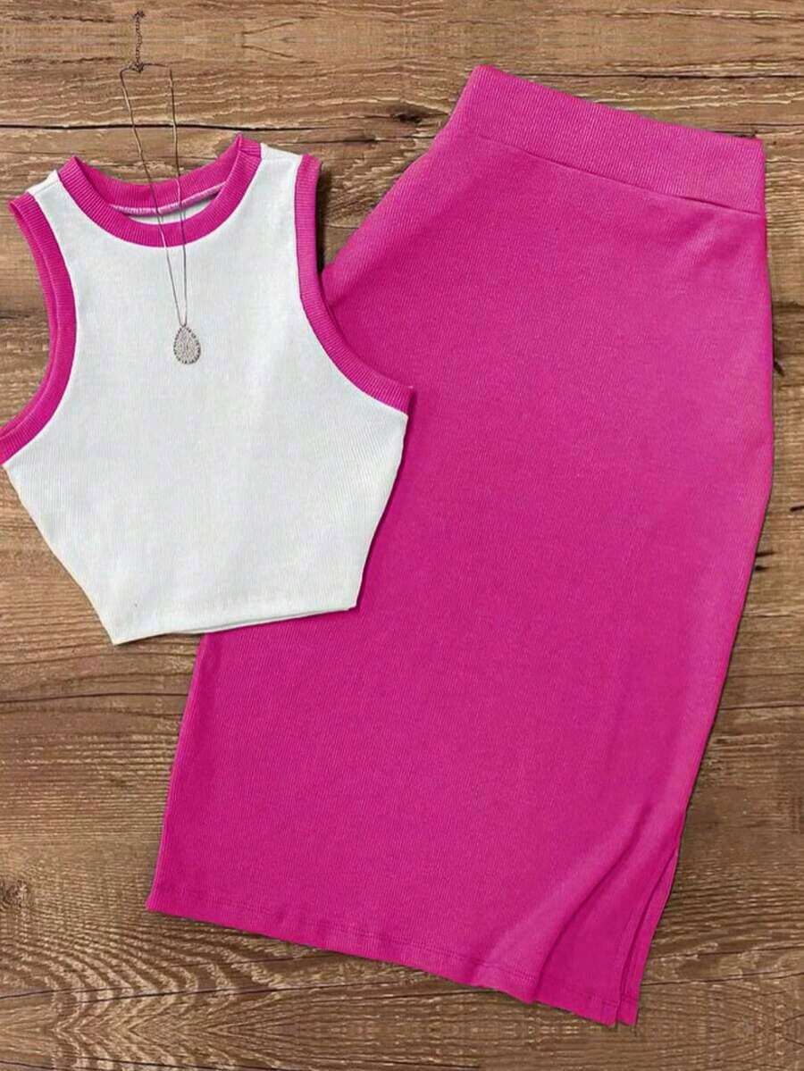 Conjunto de 2 piezas de camiseta sin mangas y falda larga de unicolor con ribete de contraste en estilo vintage elegante para resort, primavera/verano - Blanco y rojo rosa - Ver 1