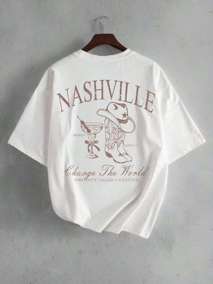 ChristmasStoneGrade Men's Regular Fit White Crew Neck T-Shirt With Mojito Cocktail And Wild West Cowboy Boots Print. Popular Item. - 白色 - 查看 1