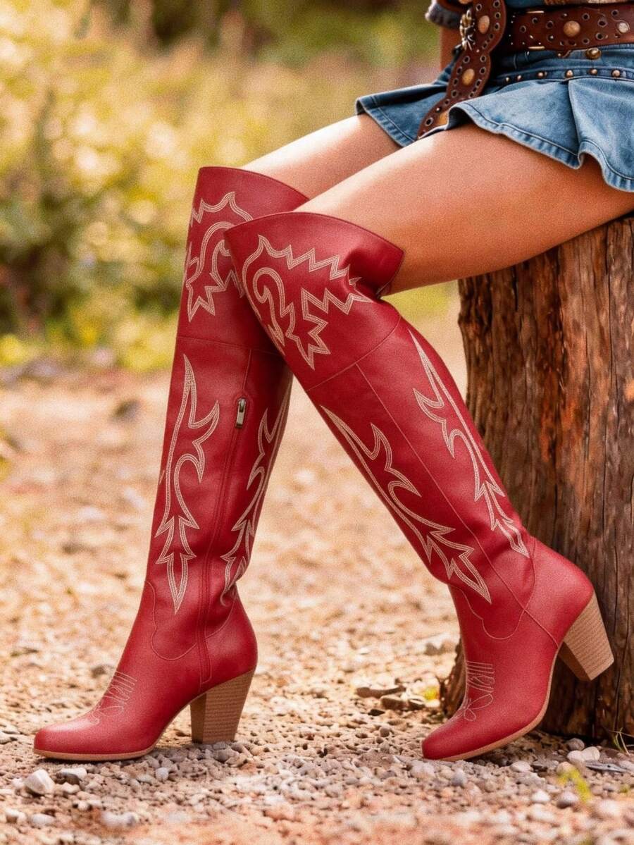 New Arrival Red Cowboy Boots For Women Embroidered Pointed Toe Chunky Heel Over-The-Knee Cowgirl Outfits For Women Western Retro Brown Black Country Concert Summer Boots - 紅色 - 查看 1