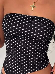 黑色波点印花无肩带抹胸上衣，不对称下摆，适合春夏海滩度假、夏季假日、休闲外出、节日和街头穿着。 - 黑色 - 查看 8