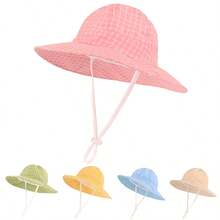 可调节婴儿儿童遮阳帽，男女通用夏季防紫外线宽檐帽，带下巴系带 - 泡泡紗格子六片帽 - 查看 2